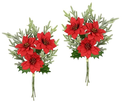 Konstgjord poinsettia blomma, 3 blommor, grangrenar, set om 2, 37 cm, konstgjord blomma, julstjärna, julgren, juldekoration, julblomma, X'Mas bukett, gåva, dekoration, adventsstjärna, julstjärna