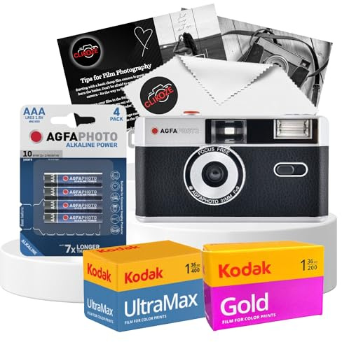 Set di fotocamere da 35 mm con fotocamera AgfaPhoto riutilizzabile da 35 mm, pellicola per fotocamera Kodak Ultramax 400 36 exp, Kodak Gold 200 36 exp, batteria e panno per obiettivo Clikoze con