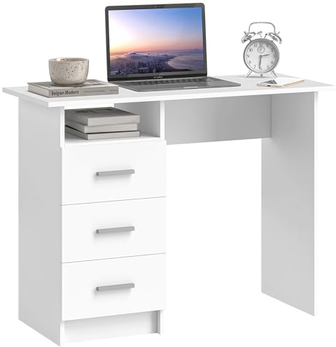 HOMCOM Scrivania Salvaspazio Moderna con 3 Cassetti e Ripiano Aperto, Scrivania con Cassetti in Legno, per Ufficio, Studio e Camera da Letto, 100x40x75 cm, Bianco