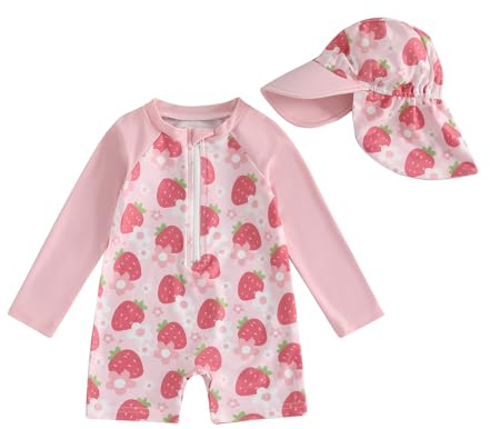Geagodelia Toddler Baby Girl Swimsuit and Hat Zip Up Long Sleeve All in One Swimming Costume UV Sun Protection Swimwear One Piece Swimming Suit Rash Guard Sunsuit (Strawberry Floral Rose, 2-3 Years)