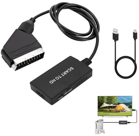 Scart auf HDMI Konverter, Scart zu HDMI Adapter 1080P mit HDMI Kabel, Unterstützt PS2 Xbox N64 PS3 DVD-Player STB, für HDTV und Monitor, Unterstützt PAL/NTSC, Plug and Play, Kein Treiber Erforderlich