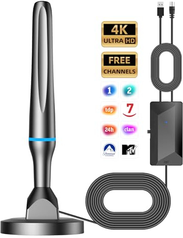 DGUPSP Antena TV Interior Potente para Smart TV 2025, Antena TDT Interior recepción de 360° con Amplificador y Cable Coaxial,Compatible con VHF/UHF/DVB-T/DVB-T2 - Canales Locales