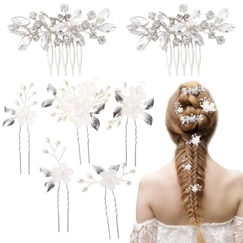 MLPKOI 5Pcs Forcine per Capelli da Sposa con Perle, 2Pcs Cristallo Accessori Capelli Sposa Pettine, Accessori per Capellii, Fermagli per Capellii, per Matrimoni Spose Damigelle Anniversari e Comunione