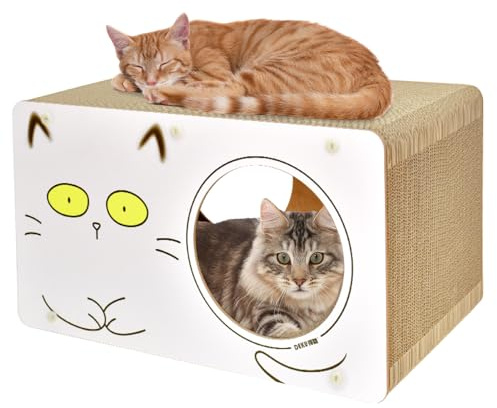 2 in 1 Cardboard Cat House, Large Cat Scratch Board Box with 2 Exits for Multiple Cats, Stable and Easy to Assemble