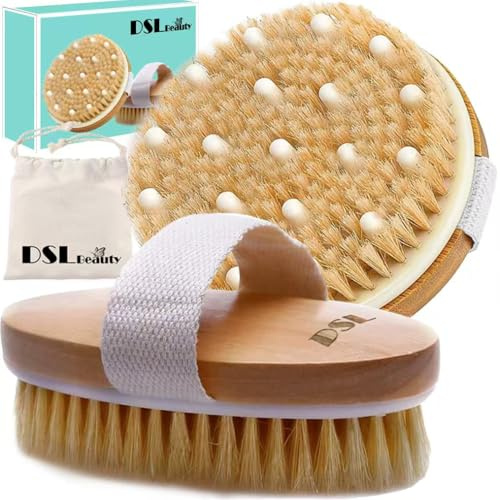 DSL Dry Brush for Lymphatic Drainage – Oval Body Brush with Natural Bristles for Exfoliation & Dry Brushing – Easy Grip Wooden Handle, Skin Detox Brush (Round)