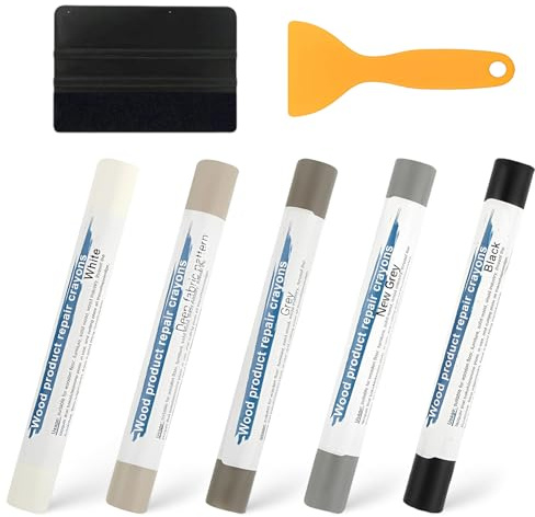 7 Pezzi Set di Riparazione per Laminato e Legno, 5 Pastelli e Bastoncini di Cera Grigi, con 2 Strumenti (Spatola e Raschietto), per Riempire e Riparare Graffi e Fori su Mobili e Pavimenti