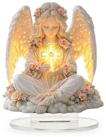 Guardian Angel Ornament, Acrylic 2D Flat Flower Angels Figure with Cross, Meaningful Angels Ornaments, Acrylic Sculpture for Garden, Pathway & Home Decor, Guardian Angel Gifts for Birthday