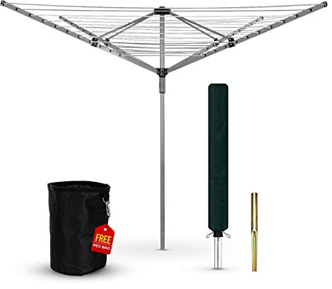 Heavy Duty Rotary Washing Line Outdoor, 4 Arm 60M Washing Line Rotary with Peg Bag, Metal Ground Spike, and Cover Included, Rotary Clothes Lines for Outside, Whirlygig Clothes Airer Outdoor