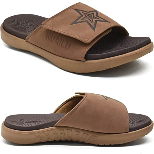 KuaiLu Mens Orthotic Slides Soft Cushion Sport Sandals with Plantar Fasciitis Arch Support Adjustable Open Toe Summer Slippers Slip on Indoor Outdoor Khaki Brown Size 9