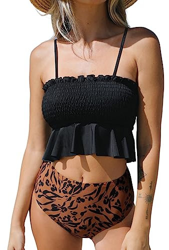 CUPSHE Damen Bikini Set Bandeau Rüschen High Waist Gesmokte Bademode Zweiteiliger Badeanzug Swimsuit Schwarz/Leopardenmuster M