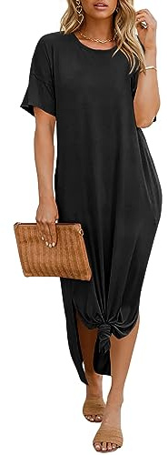 Dyexces Womens Summer T Shirt Dress Casual Drop Shoulder Round Neck Maxi Dresses Loose Side Slit Midi Dress with Pocket Black