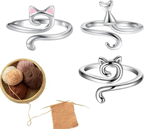 Lesunbak Anillo Tensor De Hilo | 3 Piezas De Lazo De Ganchillo Ajustable, Lindo Anillo con Orejas De Gatito, Anillo De Hilo, Guía De Hilo, para Tejer Principiantes