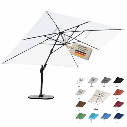 RS Trade Sonnenschirm Ampelschirm 3x4m groß rechteckig, mit Windsicherung, Ständer und Schutzhülle, drehbar neigbar kippbar mit Kurbel, windstabil für Garten Terrasse Balkon Gastronomie, weiß