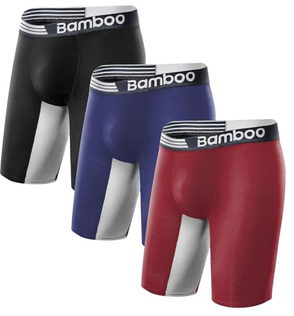 emBamboo Mens Long Leg Boxer Briefs Anti Chafe Breathable Moisture-Wicking Bamboo Viscose Trunks Underwear without Fly Pouch for Men 3 Pack (M,Mix)