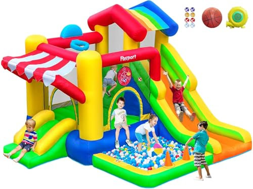 FBSPORT Château Gonflable pour Enfants avec Toboggan Double, Trampoline, Piscine à Balles, Lancer de balles, Mur d'escalade et Panier de Basket-Ball, pour Intérieur Extérieur Jardin, 322×305×208 cm