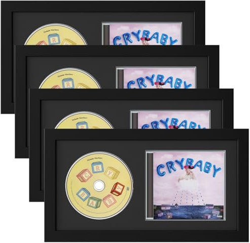 Allenkwok 4 Pack Solid Wood CD Display Frame for CD Cases and Discs with EVA Foam Lining Black Flocked Fabric Wall Mounted Acrylic Cover 3.05 x 5.7
