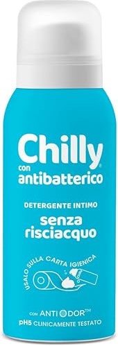 Chilly Senza Risciacquo, Detergente Intimo Senza Risciacquo Antibatterico, Da usare sulla Carta Igienica, Protezione igienizzante, Formula in Mousse a pH5, Con Anti-Odor, Clinicamente Testato - 100ml