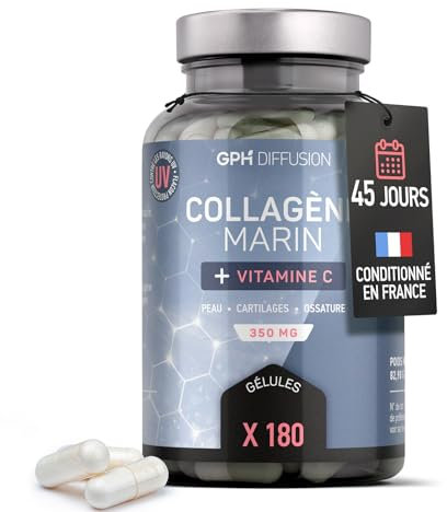 Collagène Marin + Vitamine C - 350 mg - 180 gélules - Peau, Ossature, Cartilages - Fabriqué en France