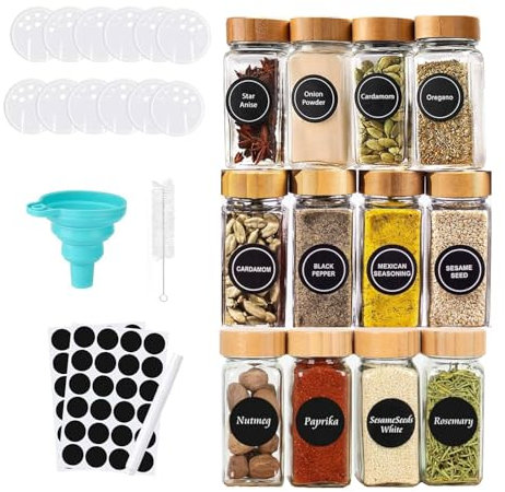 Gewürzgläser Eckig 120ml, Gewürzgläser mit Streueinsatz, Bambusdeckeln, Etiketten in Schwarz | Gewürzbehälter Set, Gewürzaufbewahrung, Gewürz Gläser, Mit Trichter,,Reinigungsbürste- 12-teiliges Set