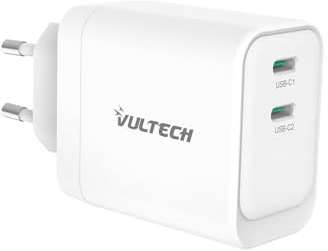 VulTech CC45-2C - universell 45W GaN-laddare med 2 USB-C/typ-C PD3.0 QC3.0 PPS-portar, kompatibel med smartphone, surfplatta och bärbar dator - vit, kompakt