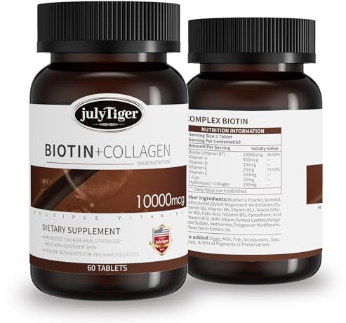 julytiger Biotin 10,000mcg with Collagen Supplement, Biotin (Vitamin B7) for Healthy Skin and Nails,biotin Collagen peptide, for Women and Men - Vegan, Non-GMO, Gluten & Soy-Free - 60 Tablets