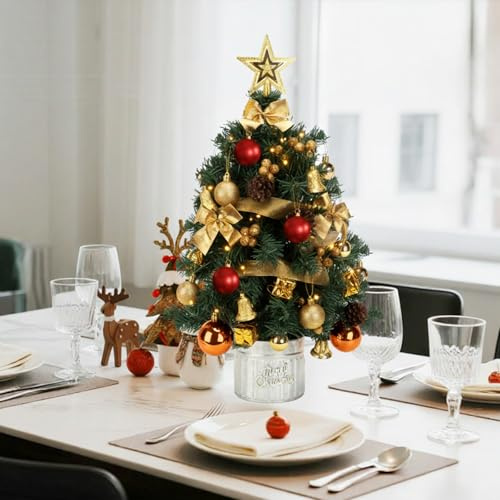 Aigostar Árbol de Navidad Pequeño 60cm, Mini Christmas Tree con 48 Adornos Colgantes, Ideal para la Decoración Navideña del Interior del Hogar