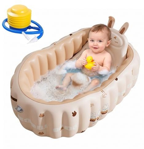 YushengTai Aufblasbare Babybadewanne mit Rückenlehne & Luftpumpe - Rutschfeste Kleinkindwanne für Reise & Zuhause - Tragbare Duschwanne mit Sitz für 0-18 Monate (Rosa)