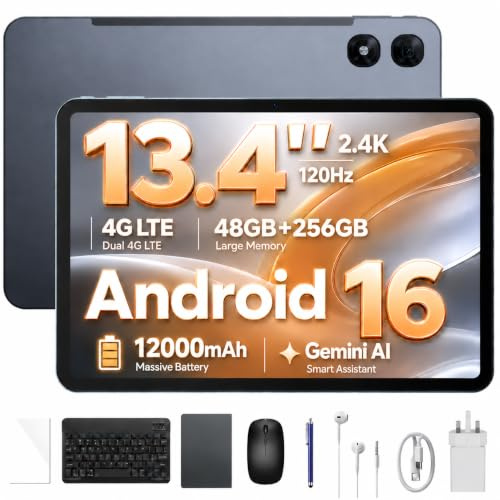 Luzglo P13 Pro Tablet 13.4 Pulgadas 120Hz Android 16, 48GB RAM + 256GB(TF 2TB) Tablet con Teclado y Lapiz, T7280 Octa-Core, 12000mAh/18W, 16MP+8MP, Gemini AI, Widevine L1, Face ID, Dual SIM 4G, Gris
