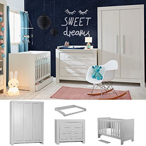QMM TraumMoebel Babyzimmer Kinderzimmer komplett Cannes weiß MDF Set B Bett 140x70 Schrank 3 tür. Kommode mit Schubladen weiß oder grau