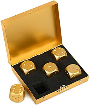 SCSpecial Aluminiumlegierung Würfel 5 Stück 16mm tragbare Metallwürfel mit Fall 6 seitige Würfel zum Trinken Party Game (Gold Quadrat)