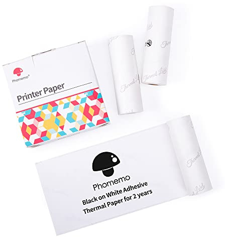 Phomemo White Adhesive Thermal Sticker Paper Printer Paper 77mm, Compatible With Phomemo M03/M03AS/M04S/M04AS Sticky Note Printer, Black Text, 3 Rolls, Suitable For Notes, List, Pattern, Sticker