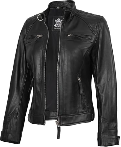 Decrum Women Motorcycle Jacket - Cafe Racer Leather Jackets | [1313744] Black Diamond 1, L