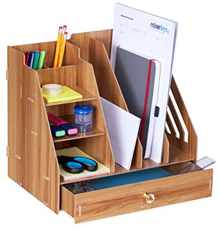 Relaxdays Organizador Escritorio 3 Compartimentos A4, 3 Baldas, 2 Portalápices, 1 Cajón, Oficina, MDF, Marrón Oscuro