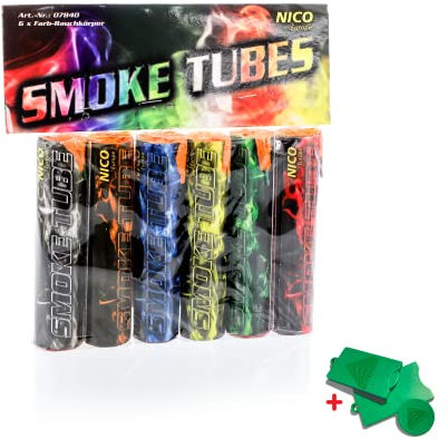 AKTIVHANDEL Smoke Tubes, Rauchfackeln 6-teiliges Set in Rot, Grün, Blau, Weiß, Orange und Gelb, Rauchbomben, Kat T1 Feuerwerk inkl. Einkaufswagenchip