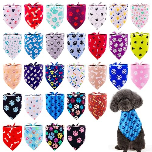 Pai Sence 30 Pcs Paw Print Dog Bandanas for Small Dogs Stitch Dog Bandanas Bulk Polyester Bandana Party Grooming S