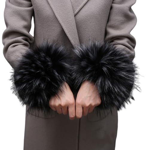OTKARXUS Faux Fur Wrist Cuffs,1 Pair Short Style Fur Wrist Warmers Wrist Band Ring Cuffs,Winter Warm Arm Warmer Sleeves for Women Girls (Black with White Tip)