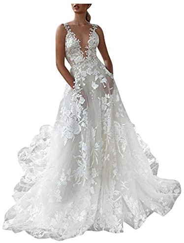 BOTCAM Longue Robe de Mariée Blanche, Ligne A, Col en V Profond, Élégante, Dentelle, Dos Nu, Princesse, Soirée, Cocktail, Longueur Sol, Blanc, M