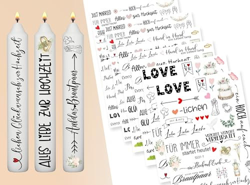 Sugeru® 6 X DIN A5 hochzeits kerzenfolie(200+Muster), Kerzentattoo Wassertransferdruck | Wasserschiebefolie kerzen dekorieren| kerzenaufkleber sticker | hochzeit deko,wedding decoration (HochzeitⅡ)