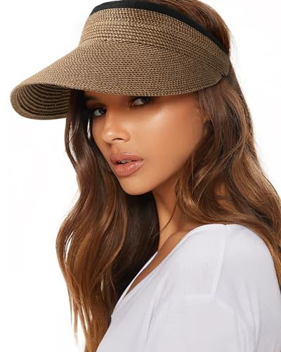 FURTALK Sun Straw Visor for Women Summer Packable Ponytail Beach UPF 80+ Sun Hats for Travel