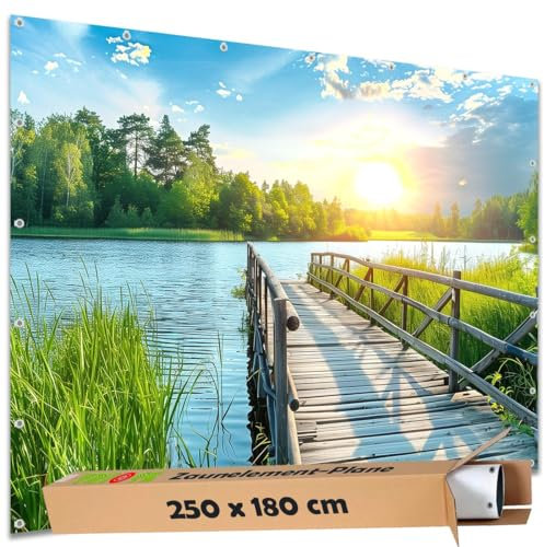 TRIOSK Sichtschutz Garten Deko Zaun Plane Blickdicht groß mit Zaunblende Motiv Holz Weg Steg Brücke See für Zaunelement Doppelstabmatten Stabmattenzaun Gartenzaun PVC 250x180 cm