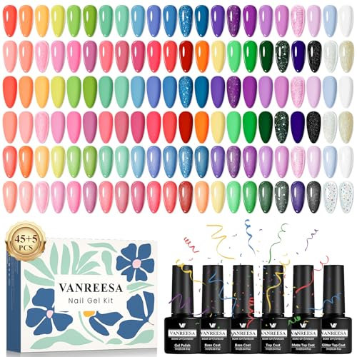 VANREESA U V Gel Nagellack Set, 45 Farben Gelnagellack Kit Rosa Grün Blau Violett U V Gelnägel Starterset mit Unterlack und Überlack Soak off Gel Nail Polish Nageldesign Geschenk für Frauen