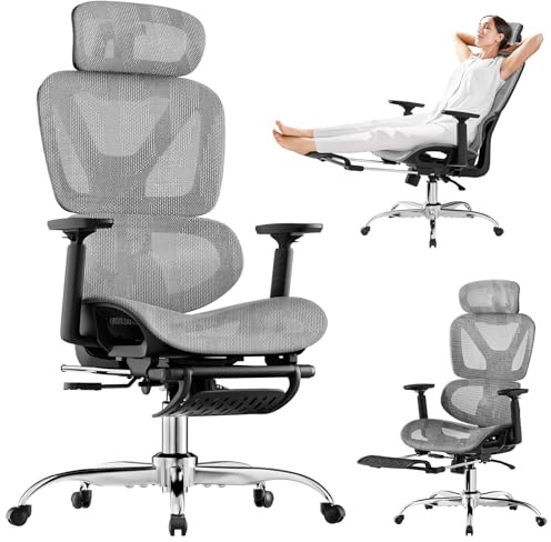 Ergonomic Office Chair, Mesh Desk Chair with Footrest, 90-135° Recline Home Chairs with Dynamic Lumber Support, 4D PU Armrest & Adjustable Headrest, Sturdy Metal Legs, Cozy Breathable Wide Cushion