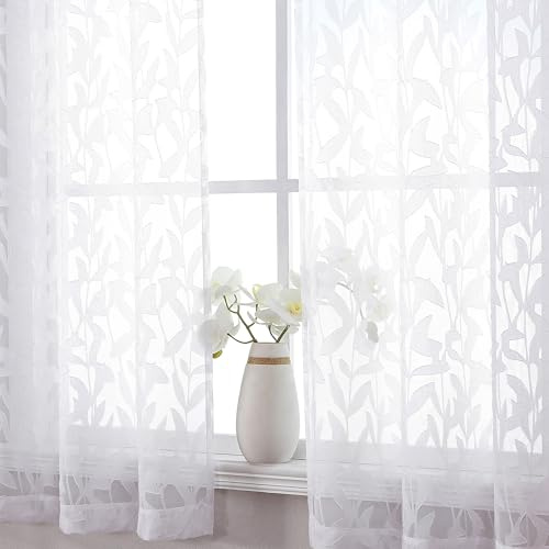 OWENIE Leyna 2 Panels Sheer White Curtains 45 Inch Length, Jacquard Clip Textured Semi Small Window Curtain for Bedroom Living Room, Farmhouse Rod Pocket Leaves Drapes, 40Wx45L Inches