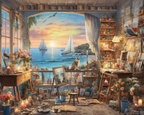 White Mountain 1000 Piece Jigsaw Puzzle Scenic Ocean Sunset Puzzles with Large Pieces Gift for Adults and Family 24x30 - Art Studio