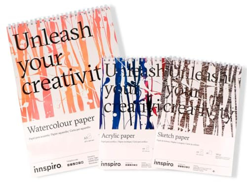 INNSPIRO Set de 3 Blocs de Papel: Acuarela A3 300g, Acrílico A4 400g y Esbozo A4 160g, Libre de Ácidos, Ideal para Artistas y Principiantes, Técnicas Húmedas y Secas
