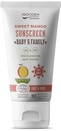 Wooden Spoon Crema Solar Orgánica Bebé y Familia “Sweet Mango” SPF 50 – 100% Natural, Zinc Invisible, Sin Rastro Blanco, Hipoalergénica, Vegana, Resistente al Agua – 150 ml