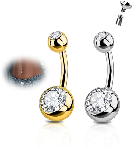 AVYRING Set di 2 piercing per ombelico da donna, 14 G in titanio con accenti di diamanti, lunghezza 6/8/10/12/14 mm, argento e oro, ipoallergenici e confortevoli, 6mm, Titanio