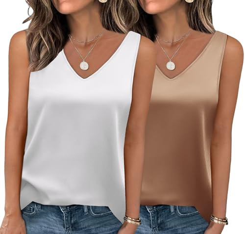 Zeagoo Pack de 2 camisetas de satén para mujer, elegante, básica, cuello en V, camisetas de verano, camisetas de satén, tallas XS-XXL
