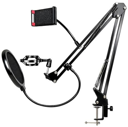 LxsNyvantic Braccio microfono con snodo a 4 assi, regolazione 360°, morsetto da scrivania in metallo con vite, adattatori 3/8–5/8–1/4, compatibile con Blue Yeti/HyperX/Elgato/FIFINE, kit 10 pezzi