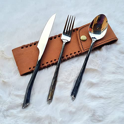 HFTC04x Set de couverts forgés à la main de style médiéval | 3 pièces (couteau, fourchette, cuillère) avec étui en cuir | Coffret cadeau pour cuisine, camping et barbecue